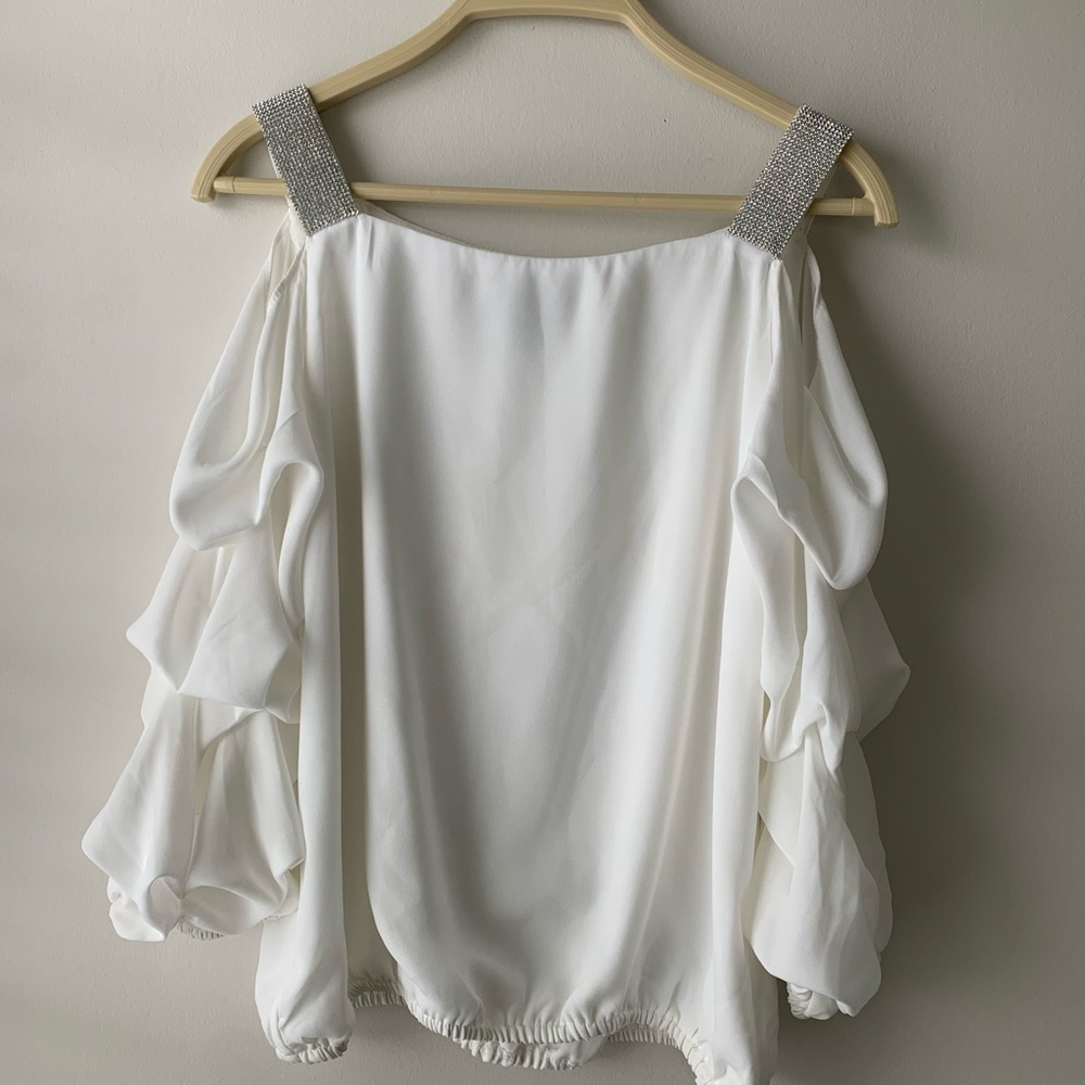 MSK White Off-Shoulder Ruffle Sleeve Blouse with Rhinestone Straps